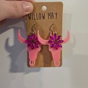 Willow May Pink Acrylic Steer Bull Cow Earrings